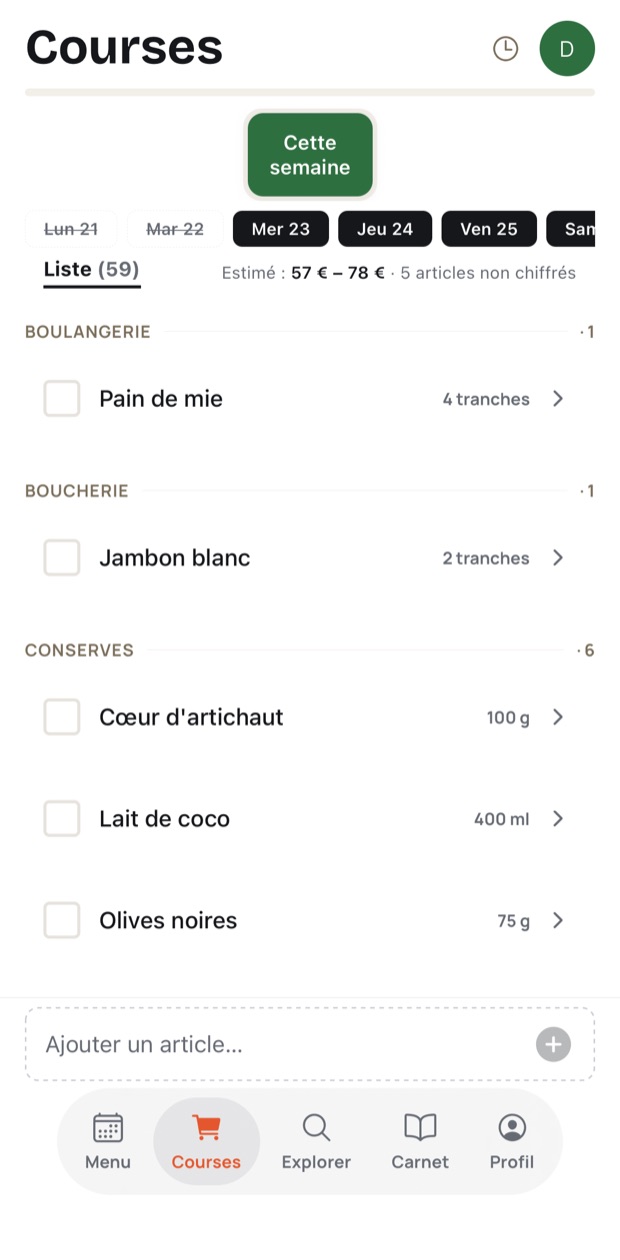 La liste de courses, rangée par rayon, avec une estimation du prix