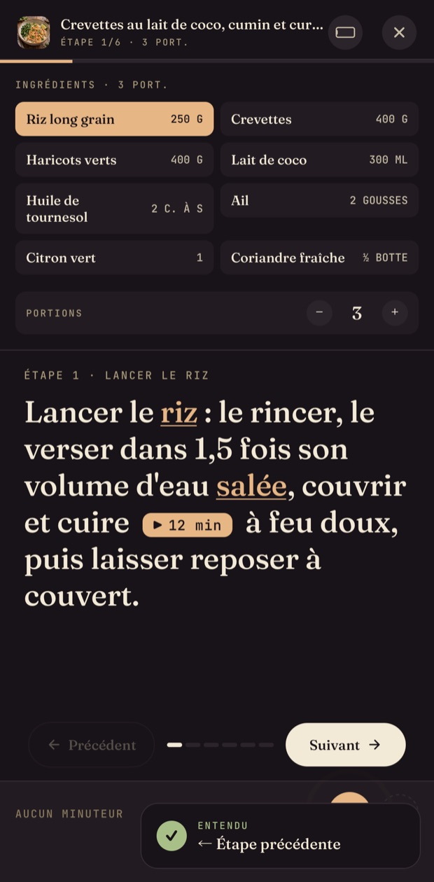 Le mode cuisine, une étape à la fois avec les ingrédients et un minuteur