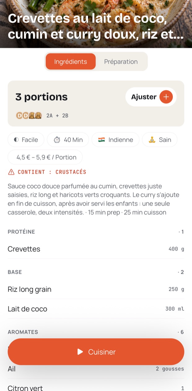 La fiche d'une recette avec les portions de la famille
